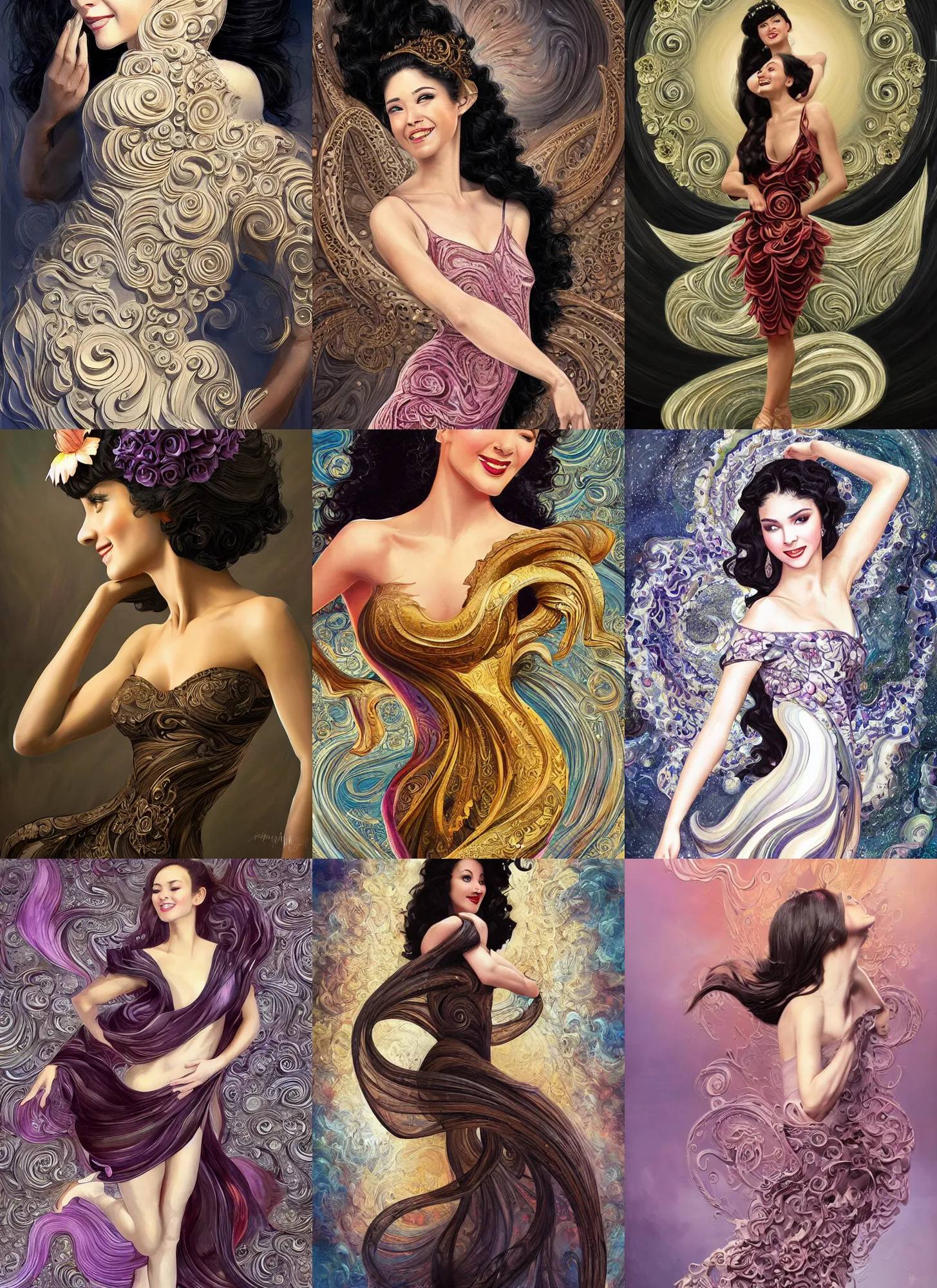 Prompt: classic dancer striking a pose, swirly flower dress filling up the bottom of the painting, swirly dark hair, smile like a sphinx, by artgerm, intricate details, elegant, sophisiticated, highly detailed, flower fractals in the background, artstation, by bayard wu and sam kieth