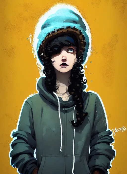 Prompt: highly detailed portrait of a sewerpunk student lady, blue eyes, hoody, beanie hat, black curly hair by atey ghailan, james gilleard, by greg rutkowski, by greg tocchini, by kaethe butcher, gradient yellow, black, brown and cyan color scheme, grunge aesthetic!!! ( ( graffiti tag wall background ) )
