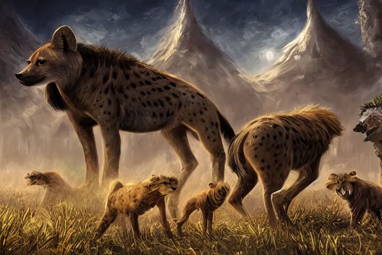 Image similar to colony of beautiful elegant otherworldy animals+hyenas, landscape, fantasy, sci-fi, concept art, speculative evolution, 4k ultra hd, digital art
