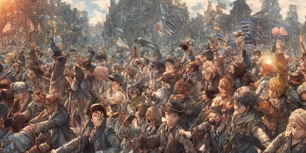 Image similar to i am happy to join with you today in what will go down in history as the greatest demonstration for freedom in the history of our nation. ultrafine detailed colored hyperrealistic illustration by kim jung gi, james jean, intricate linework, sharp focus, octopath traveler, final fantasy, unreal engine highly rendered, global illumination, radiant light, intricate environment