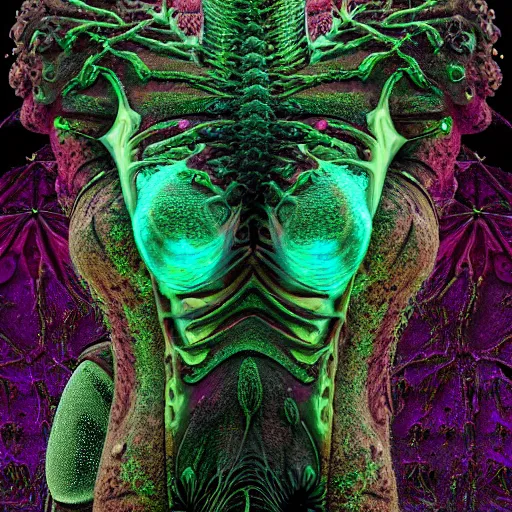 Image similar to highly evolved biomechanical nubile phyrexian dreadnought pregnant borg queen hybrid dotted with small fractal lichens and fungal growth being possessed by the machine spirit, artists tram pararam and doctor seuss with beryl cook and jack kirby, high contrast cinematic light, mystical shadows, sharp focus, octane render