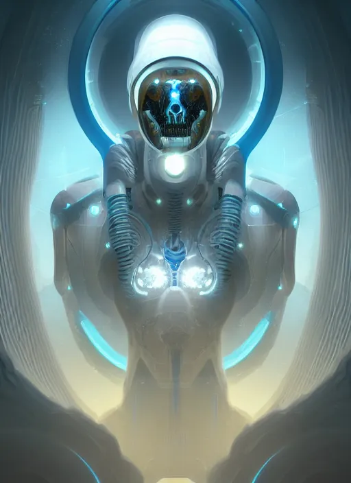 Image similar to benevolent cyborg necromancer, scifi, futurism, alien room background, white, blue, gold, highly detailed, trending on artstation, soft light, sharp edges, illustration, spiritual, technology, art by vitaly bulgarov and nivanh chanthara