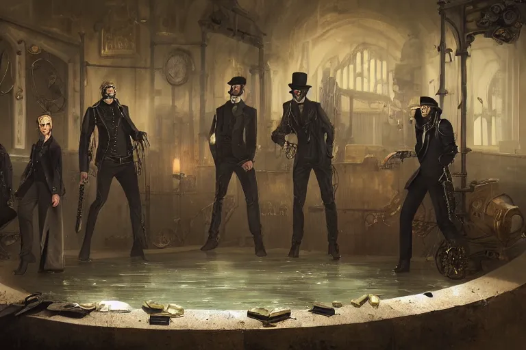 Prompt: glamor shot of a four person criminal gang, gothic, steampunk, in a brass and stone cesspool industrial environment with baroque gold trim by raymond swanland, moody noir lighting, cinematic concept painting by greg Rutkowski, old time civil war photograph