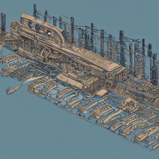 Prompt: tunnel blueprint of a city inspired steampunk coastal city, axonometric exploded view, high detail, 8k, photorealistic