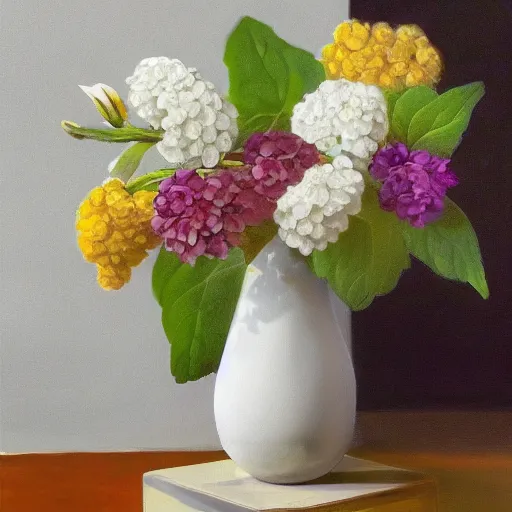 Prompt: a white ceramic vase, with colored flowers, with grapes, studio photo, photorealism, symmetry.