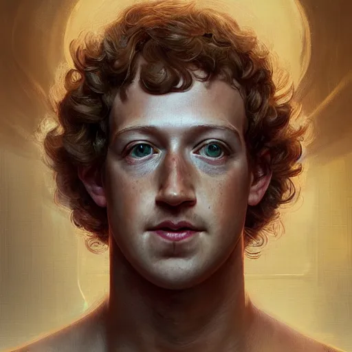 Image similar to portrait of mark zuckerberg as a heavenly god, full body, muscular, fantasy, intricate, elegant, highly detailed, digital painting, artstation, concept art, matte painting, sharp focus, illustration, art by artgerm and greg rutkowski and alphonse mucha