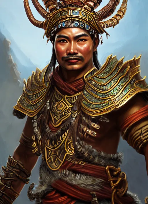 Prompt: smart tai warlord of yodia, closeup portrait, without beard and mustache, historical hero, ethnic group, tai costume, thai traditional bronze headdress, intricate, with leather armor cross on bare chest, elegant, loin cloth, highly detailed, oil painting, artstation, concept art, matte, sharp focus, illustration, hearthstone, art by earl norem