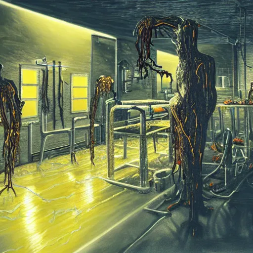 Image similar to realistic painting of a dark foggy sci-fi laboratory at night, with a zombie made of guts and veins, dripping golden shiny metalic fluid from ribcage to the floor. liquid shiny pool of gold on the floor.