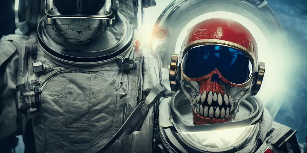 Image similar to ornate red skull in astronaut suit, gold linens, cinematic lighting, dramatic, octane render, long lens, shallow depth of field, bokeh, anamorphic lens flare, 8k, hyper detailed