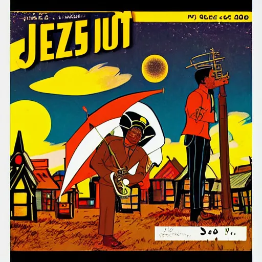 Prompt: jazz album cover from 1961 by Sun Ra in the style of Studio Ghibli and 1960s americana comics, HQ 8k SCAN