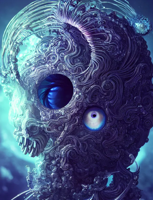 Image similar to eye of god macro close - up portrait with mask made of ram skull. betta fish, jellyfish phoenix, plasma, ice, water, wind, creature, super intricate ornaments artwork by tooth wu and wlop and beeple and greg rutkowski