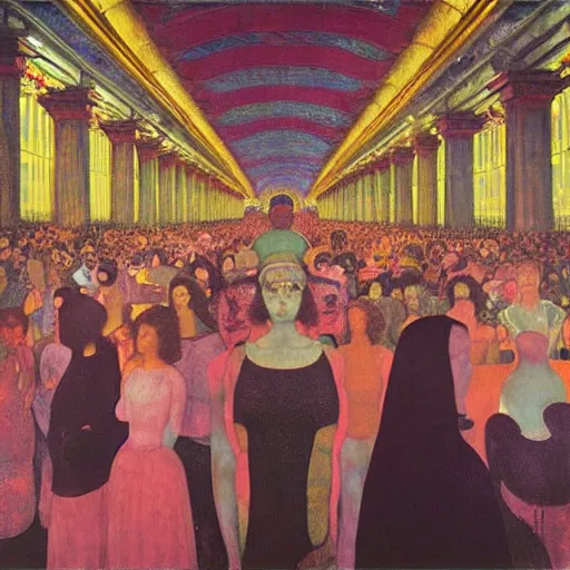 Image similar to a procession of women in a giant metaphysical temple, hyperrealistic film still by gottfried helnwein, by klimt, by paolo uccello, art nouveau, highly detailed, lights by edward hopper, liminal, eerie, metaphysical, bright pastel colors,