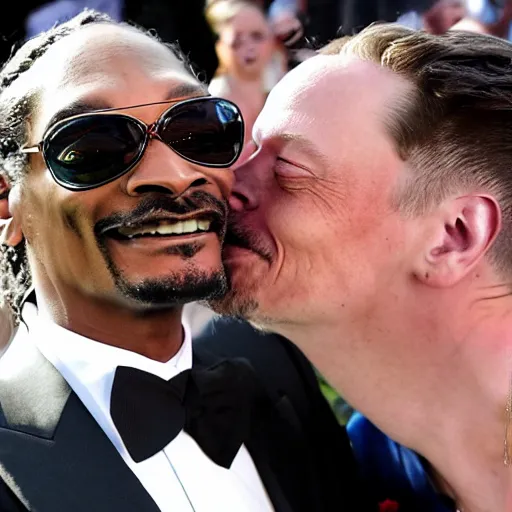 Image similar to snoop dogg french kissing elon musk during their wedding day, in front of paparazzi in church, 8 k, photo, award winning,