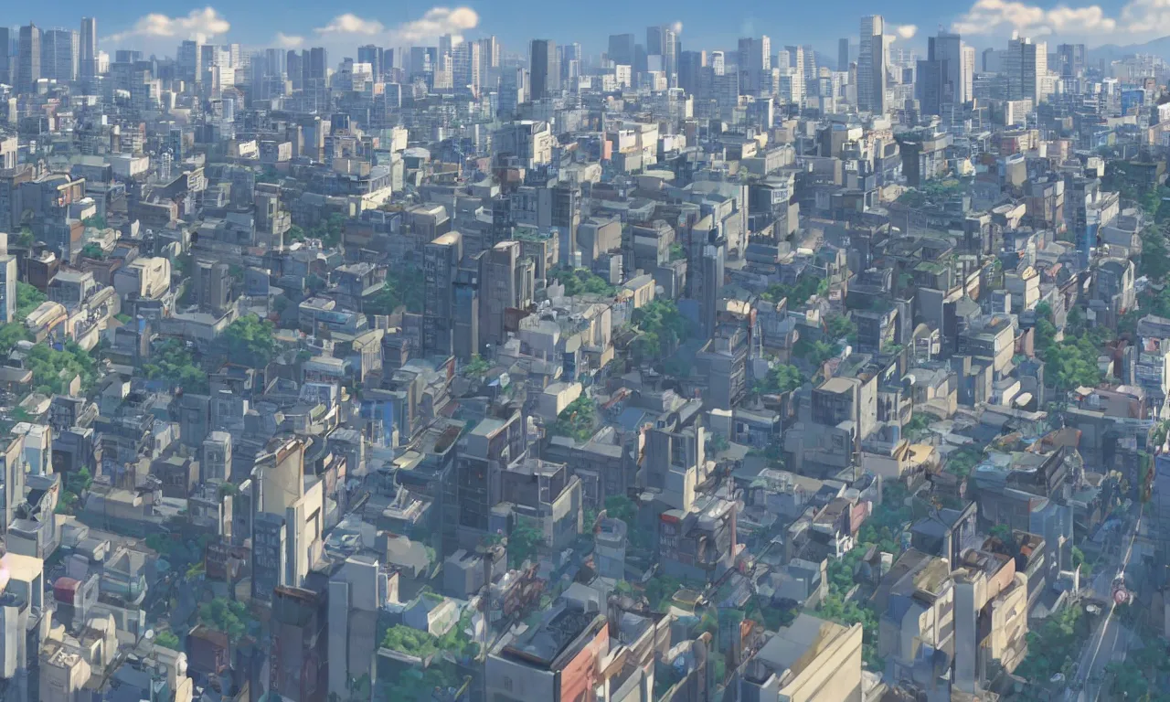 Prompt: A screenshot of a city view of seoul in the scene in the Makoto Shinkai anime film Kimi no na wa, pretty rim highlights and specular