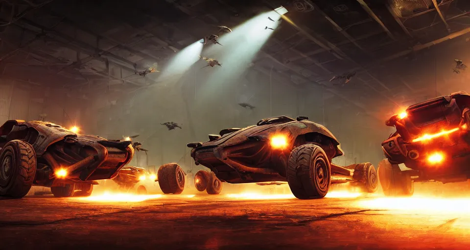 Image similar to macro closeup photo of halo warthogs being chased in a post apocalyptic warehouse factory at night, smoke, dust, embers, mad max, action, rocket league, volumetric lighting, hdr, need for speed, gta 5, ridley scott, syd mead, craig mullins, cinematic, octane