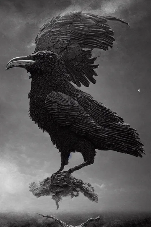 Image similar to Intricate stunning highly detailed surreal ravens by agostino arrivabene and Seb McKinnon, sculpture, ultra realistic, Horror vacui, full moon, thick swirling smoke tornado, fire embers, trending on artstation