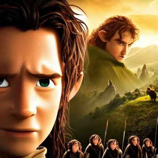 Image similar to the main promotional poster for the pixar remake of lord of the rings : return of the king. animated in 4 k with presto animation software.