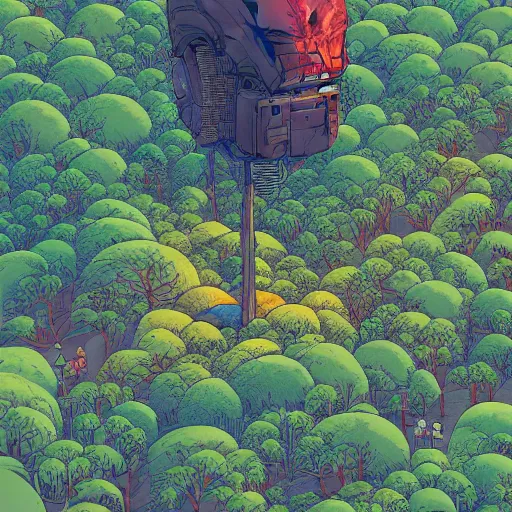 Image similar to aerial isometric view of a giant decaying robot head in middle of lush forest , highly detailed, sunset, by Victo Ngai and James Gilleard , Moebius, Laurie Greasley