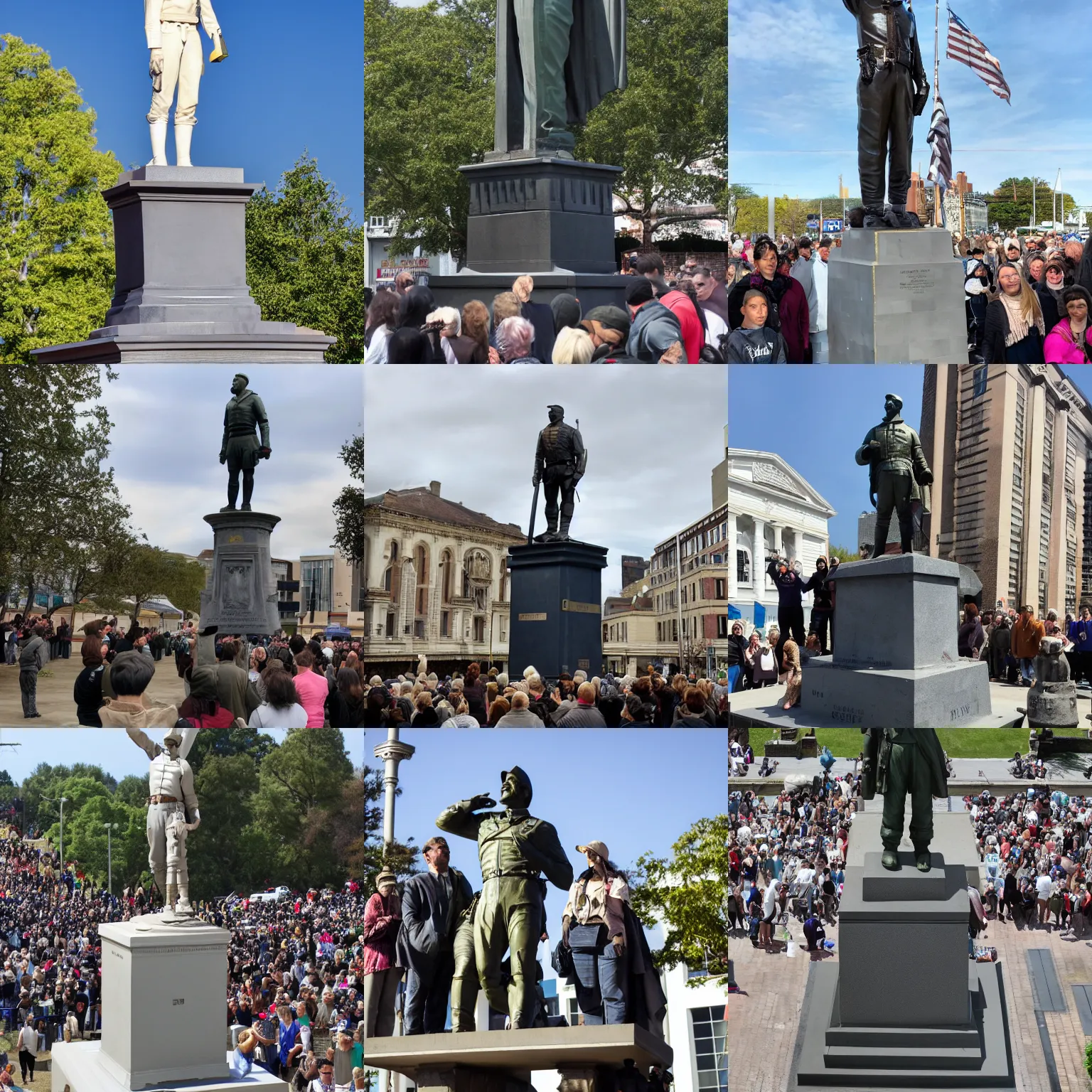 Prompt: the statue of captain carter stands atop a large plinth surrounded by people