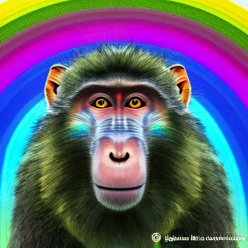 Prompt: baboon in a forest with iridescent rainbow colored fur rendered