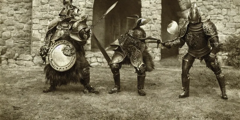 Image similar to anthropomorphic furry wolf in armor fighting in front of a castle, 1900s picture