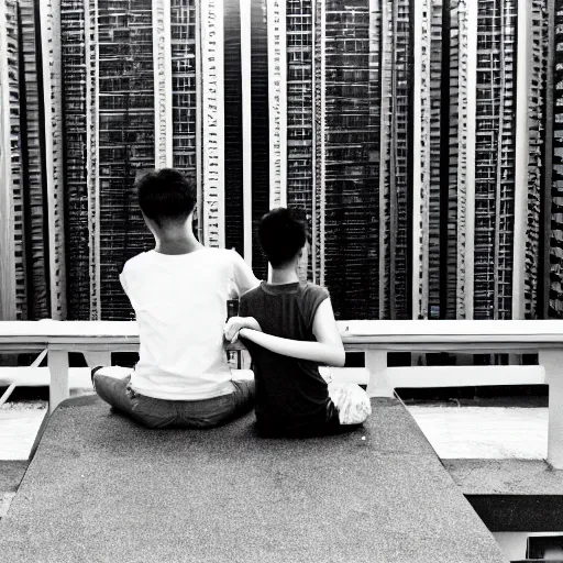 Prompt: solemn photo of two singaporean students sitting on the roof of a hdb flat, black and white, award winning, composition