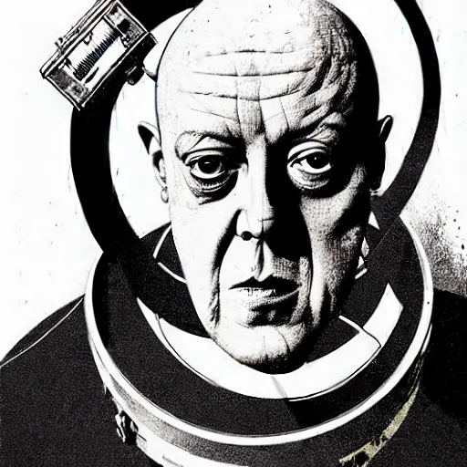 Prompt: graphic illustration, creative design, aleister crowley as an astronaut, biopunk, francis bacon, highly detailed, hunter s thompson, concept art