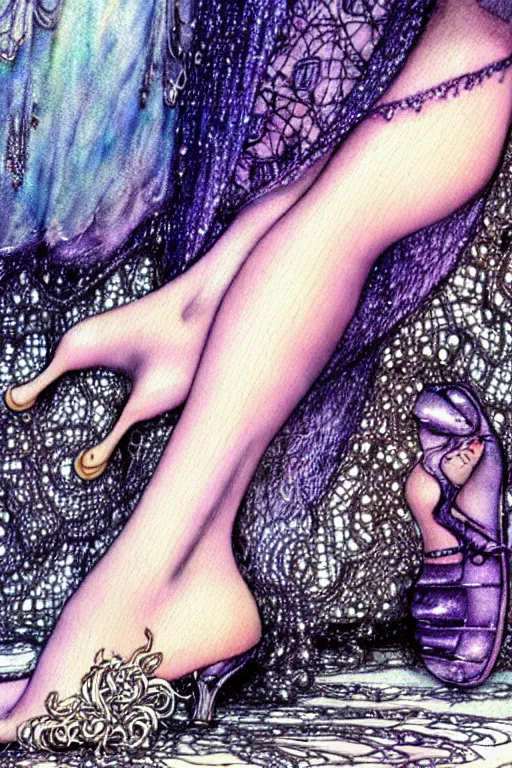 Prompt: realistic closeup of foot in crystal high heel shoe surrounded by lace fabric, fantasy art, trending on artstation, sleeping beauty fairytale, art by luis royo and walter crane and kay nielsen, watercolor illustration,