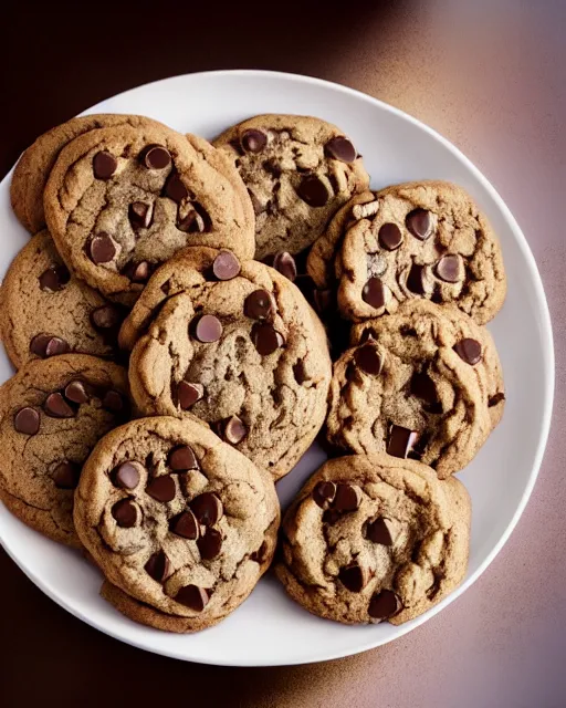 Prompt: plate full of several freshly baked chocolate chip cookies, delicious, glistening, chocolate sauce, highly detailed, award winning photography octane render