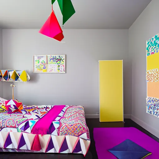 Prompt: furnishing catalog photography, children's room. The walls are decorated with triangles of all colors that explode towards the ceiling