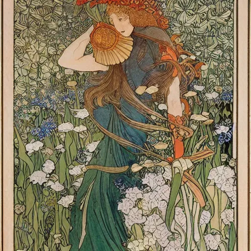 Image similar to a sharp, detailed, intricate, art nouveau floral fantasy illustration by walter crane, edmund dulac, arthur rackham, and mucha