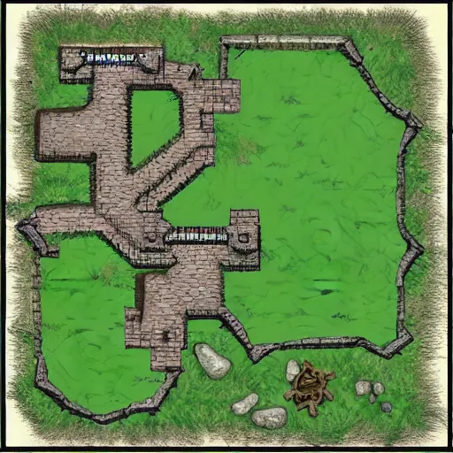 Prompt: overhead RPG battlemap of a stone fort sitting above a swamp, drivethruRPG top seller popular