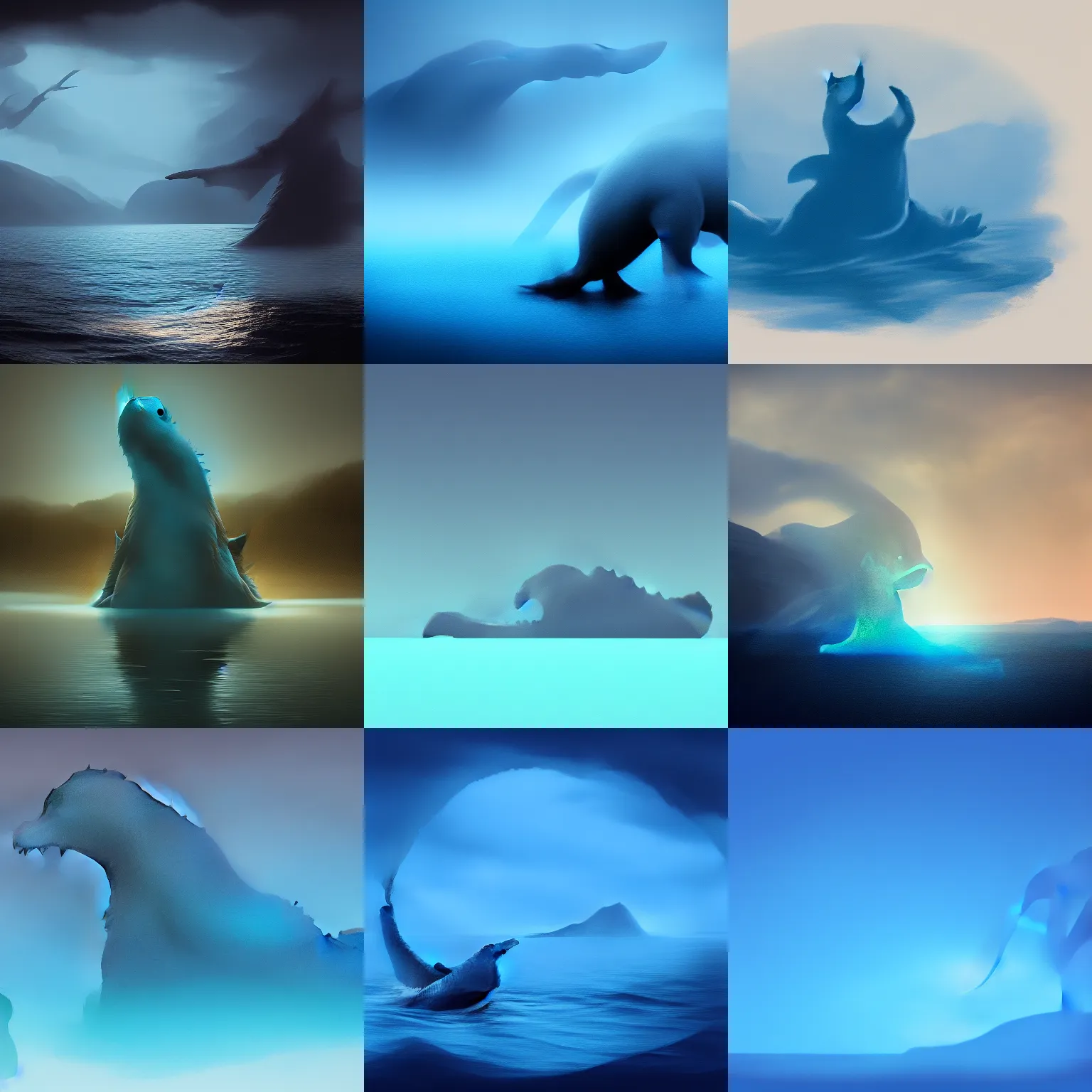 Prompt: lochness monster, light colors, silhouette, matte painting, blue, artstation award winner