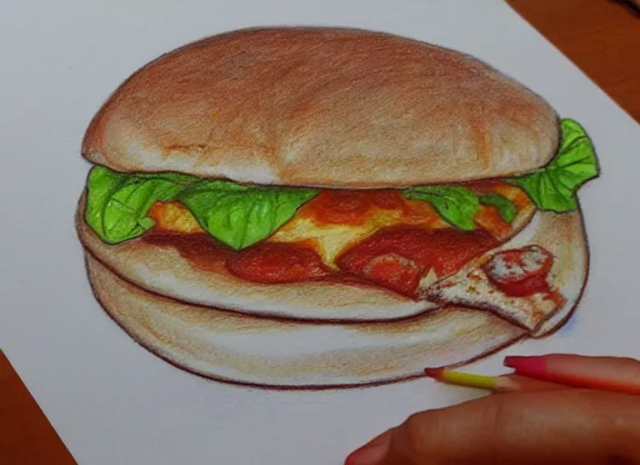 Prompt: a pizza eating a small burger, colorfull pencil drawing