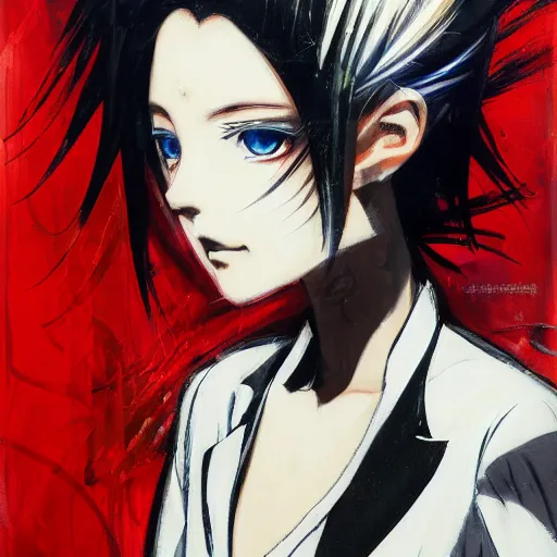 Prompt: Three quarter view Yoshitaka Amano style portrait of an anime girl with short white hair and different eyes wearing suit with patterns, smoking cigarette, abstract black and white background, film grain effect, highly detailed, oil painting, expressive brush strokes