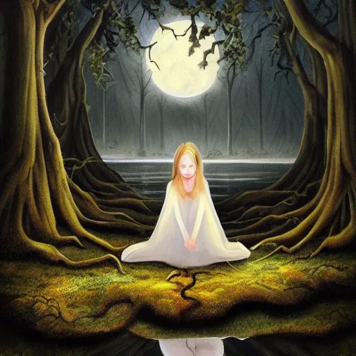 Image similar to a painting of a girl in a white dress sitting on the roots of a gigantic ancient tree next to a pond, surrounded by a towering dark forest, the moon can be glimpsed through the trees and is veiled by fog, midnight, dark fantasy, fantasy forest, spooky forest