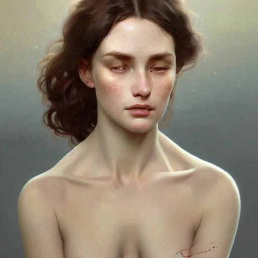 Image similar to concept art, portrait of beautiful lightly freckled woman, soft natural light, intricate, elegant, highly detailed, my rendition, digital painting, artstation, concept art, smooth, sharp focus, illustration, art by greg rutkowski and alphonse mucha and uang guangjian and gil elvgren, symmetry!!