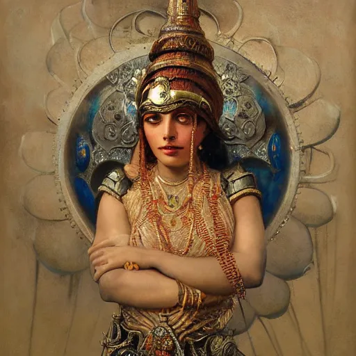 Image similar to detailed full body of hindu traditional woman blindfolded by high - tech steam punk face armour, girl graceful,, painting by gaston bussiere, craig mullins, j. c. leyendecker, lights, art by ernst haeckel, john william godward, hammershøi,,