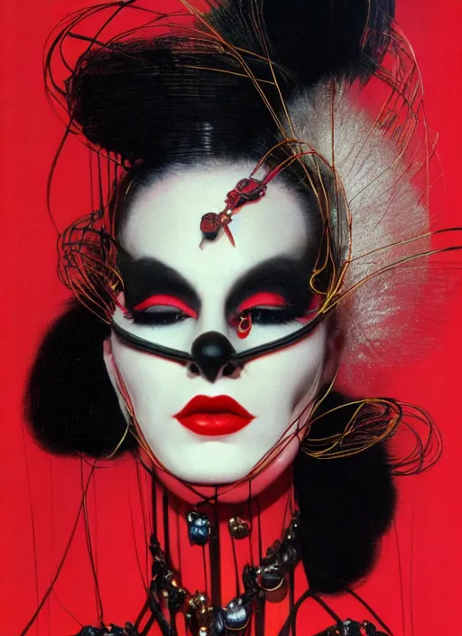 Prompt: an 8 0 s portrait of a woman with dark eye - shadow and red lips with dark slicked back hair, a mask made of wire and hanging beads, dreaming acid - fueled hallucinations, psychedelic by serge lutens, rolf armstrong, delphin enjolras, peter elson, red cloth background, frilled ruffled collar