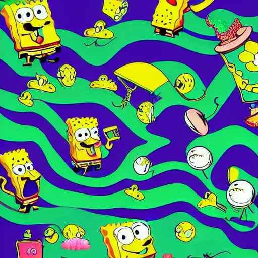 Image similar to spongebob squarepants in an abstract world with weed clouds, digital art, amazing detail, by Lulu Chen