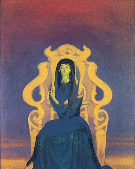 Image similar to an illustration of a queen on a throne at night in the style of johann heinrich fussli and nicholas roerich and georgia o keeffe, realistic, detailed, oil painting