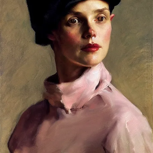 Image similar to stunning masterful portrait of a striking European pale woman with short pink hair wearing a black French beret and high cheek bones by Andrew Wyeth, John Singer Sargent, and Norman Rockwell, natural light, oil painting, ethereal, earth tones, strong brushwork