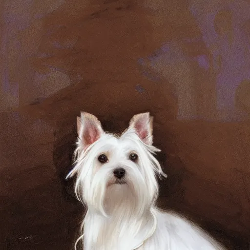 Prompt: white yorkshire terrier sitting on throne, portrait art by donato giancola and greg rutkowski, realistic face, digital art, trending on artstation, symmetry