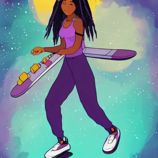 Image similar to black woman with purple dreads longboarding in space in the style of ghibli