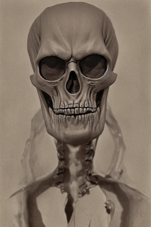 Image similar to skeletor, portrait, full body, symmetrical features, silver iodide, 1 8 8 0 photograph, sepia tone, aged paper, sergio leone, master prime lenses, cinematic