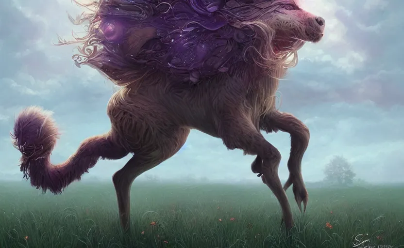 Prompt: a whimsical magical creature in a field, beautiful, cool dynamic lighting, atmospheric, cinematic, highly detailed digital art, painted by scott musgrove