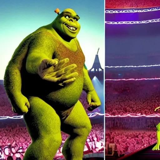 Image similar to shrek vs andre the giant at wrestlemania 8, dramatic lighting, 8k , WWE poster