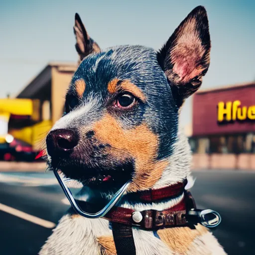 Image similar to blue heeler dog on a motorcycle, 8 k photography, blurred background of a wafflehouse