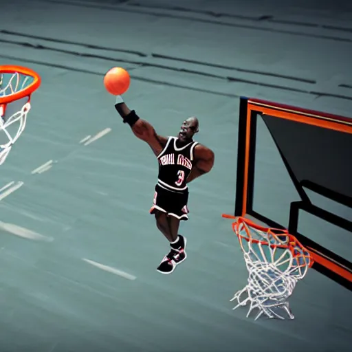 Image similar to small goblin dunking on Michael Jordan in basketball 3d render