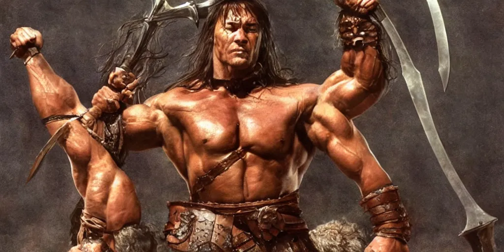 Prompt: hyperrealistic mixed media action scene of Conan the barbarian raising his sword for battle in leather boots and a loincloth, forward angle, stunning 3d render inspired art by Frank Frazetta and Simon Bisley, extremely muscular male hero + perfect facial symmetry + perfect muscle anatomy + perfect bodily proportions + dim volumetric lighting, 8k octane beautifully detailed render, post-processing, extremely hyperdetailed, intricate complexity, epic composition, grim yet sparkling atmosphere, cinematic lighting + masterpiece, trending on artstation